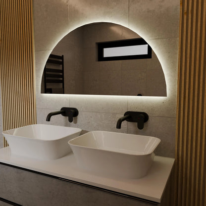 Yarım Daire LED Banyo Aynası – Modern Işıklı Ayna, Arkadan Aydınlatmalı Tasarım, Şık Banyo Dekoru