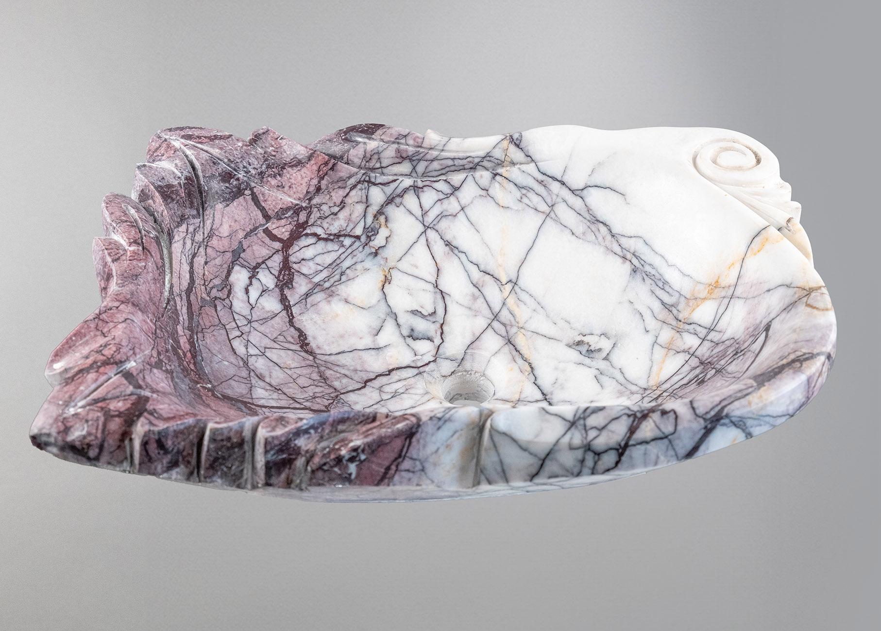 Lila White Marble Lavabo – El Oyması Lila Beyaz Mermer Banyo Lavabosu | L 55 × W 40 × H 14 cm