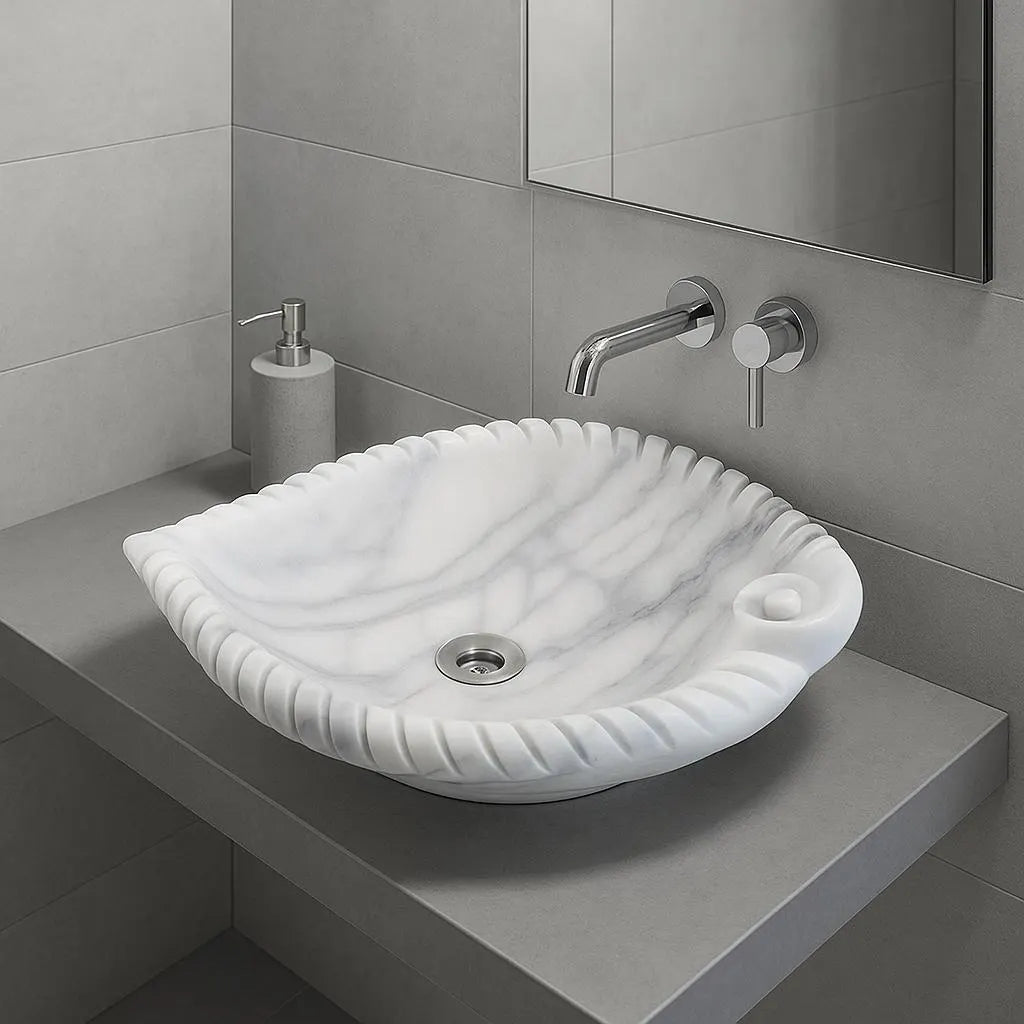 White Marble Lavabo – Doğal White Marble Tezgâh Üstü Banyo Lavabosu (L 45 × W 55 × H 14 cm)