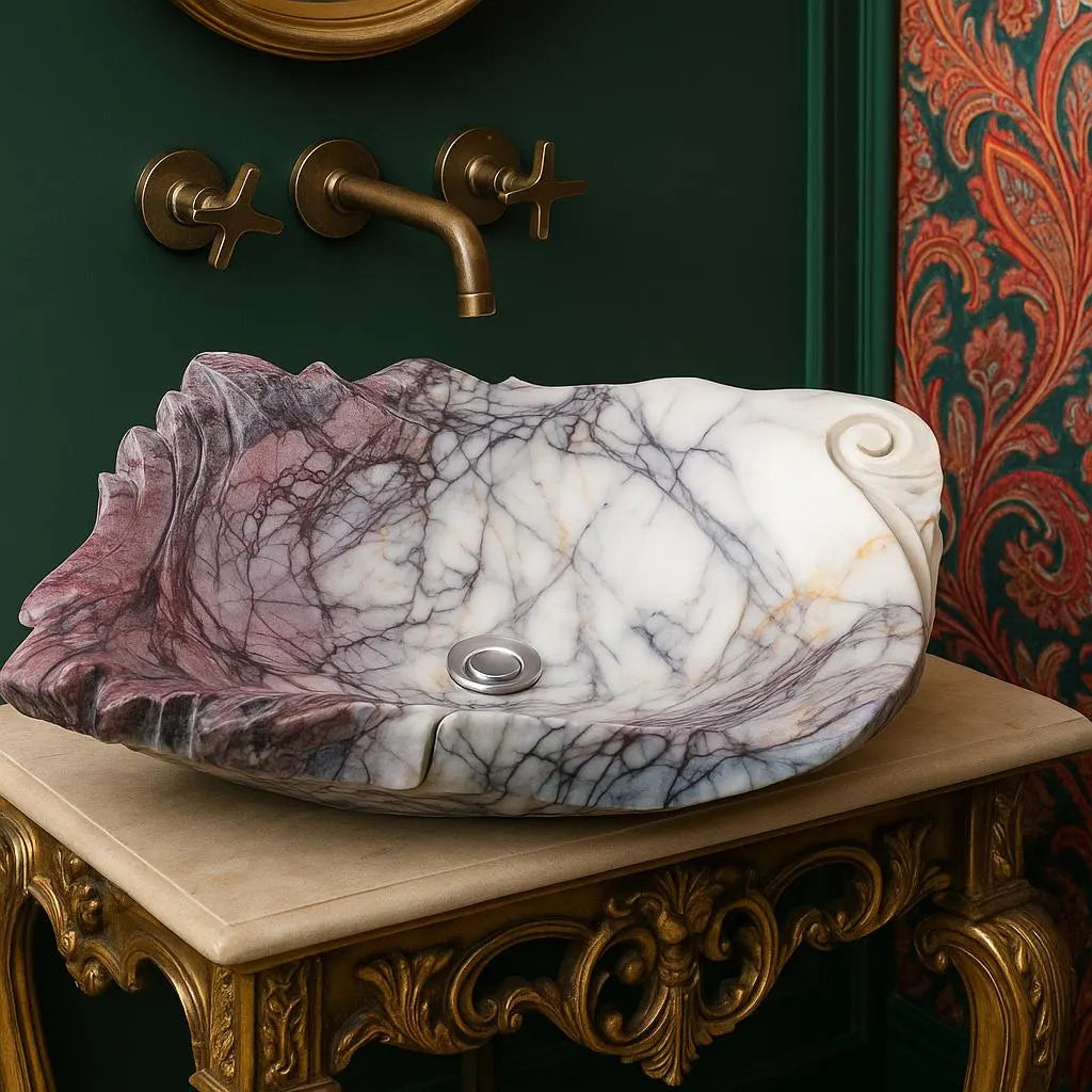 Lila White Marble Lavabo – El Oyması Lila Beyaz Mermer Banyo Lavabosu | L 55 × W 40 × H 14 cm