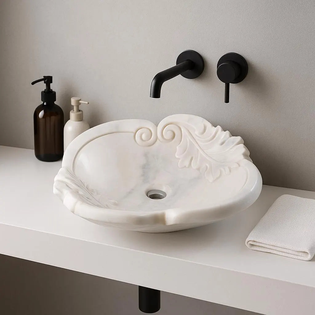 Beyaz Mermer Yaprak Desenli El Oyması Banyo Lavabo – Natural White Marble Sink