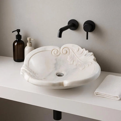 Beyaz Mermer Yaprak Desenli El Oyması Banyo Lavabo – Natural White Marble Sink