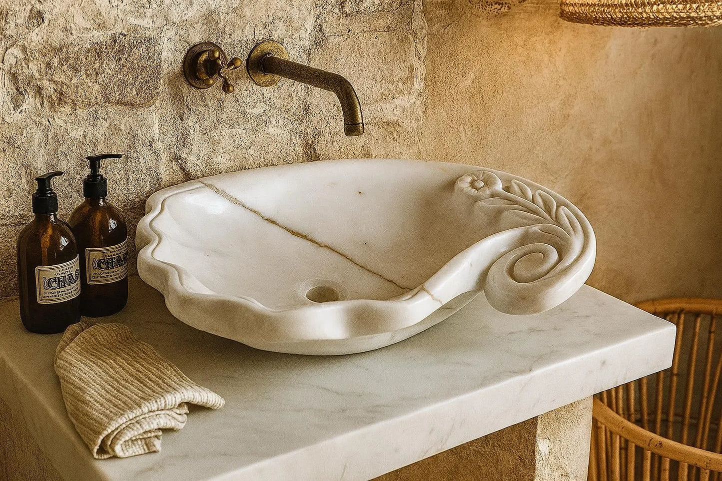 White Marble Lavabo – Doğal Beyaz Mermer Tezgâh Üstü Banyo Lavabosu (L 60 × W 40 × H 15 cm)