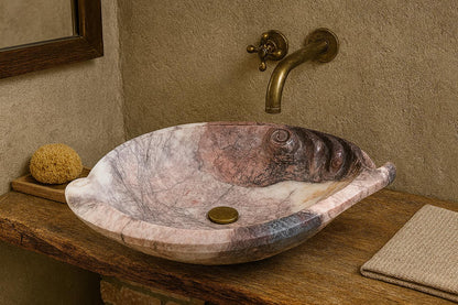 Rosso Levanto Marble Lavabo – Doğal Rosso Levanto Mermer Tezgâh Üstü Banyo Lavabosu (L 65 × W 40 × H 14 cm)