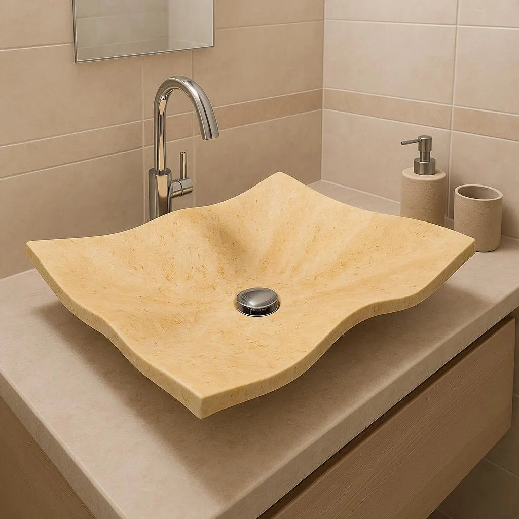 Limra Mermeri Doğaltaş Lavabo – El Oyması Dalga Formlu Mermer Banyo Lavabosu (60×45×13 cm)