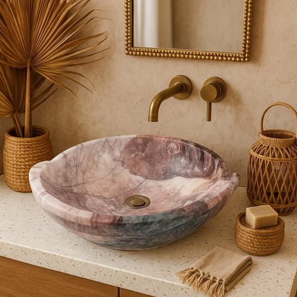 Rosso Levanto Marble Lavabo – Doğal Rosso Levanto Mermer Tezgâh Üstü Banyo Lavabosu (L 65 × W 40 × H 14 cm)