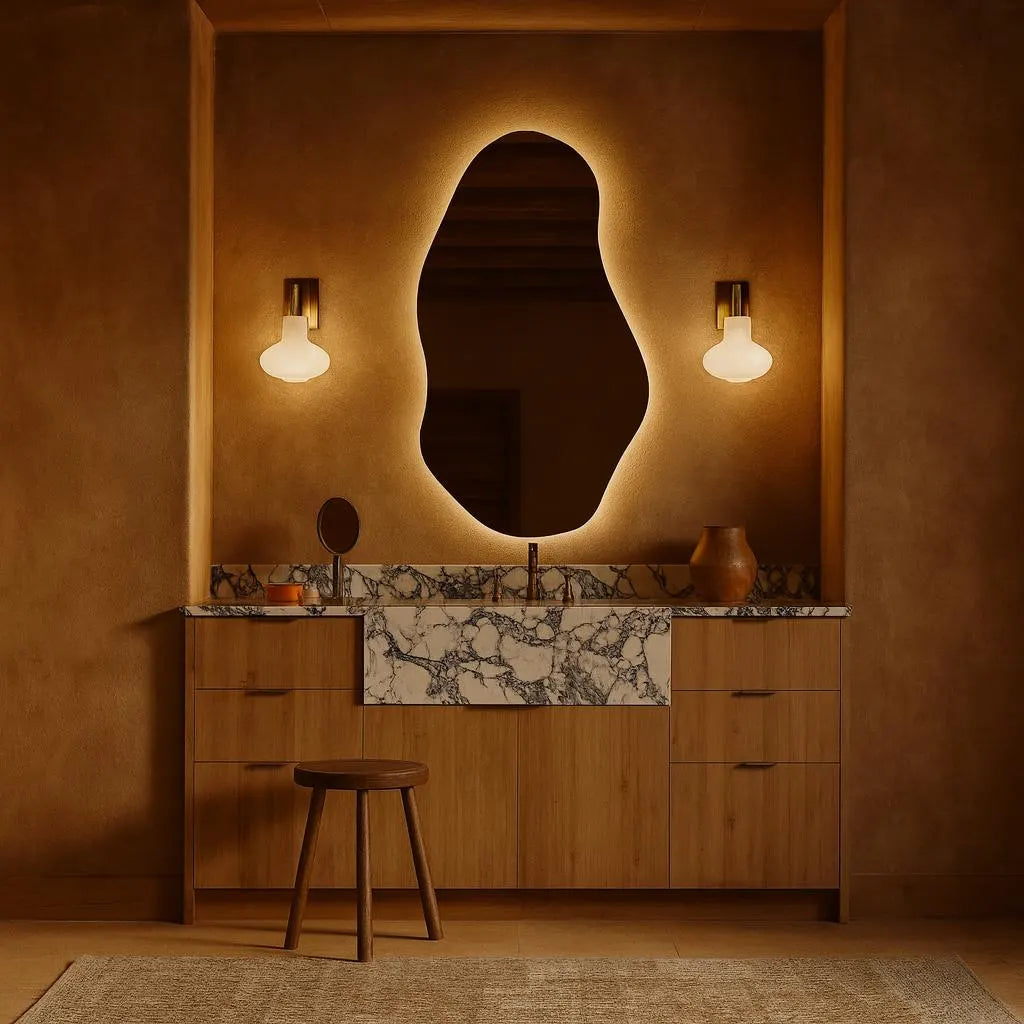 Asimetrik LED Banyo Aynası – Modern Dekoratif Işıklı Ayna, Organik Tasarım Arkadan Aydınlatmalı Ayna