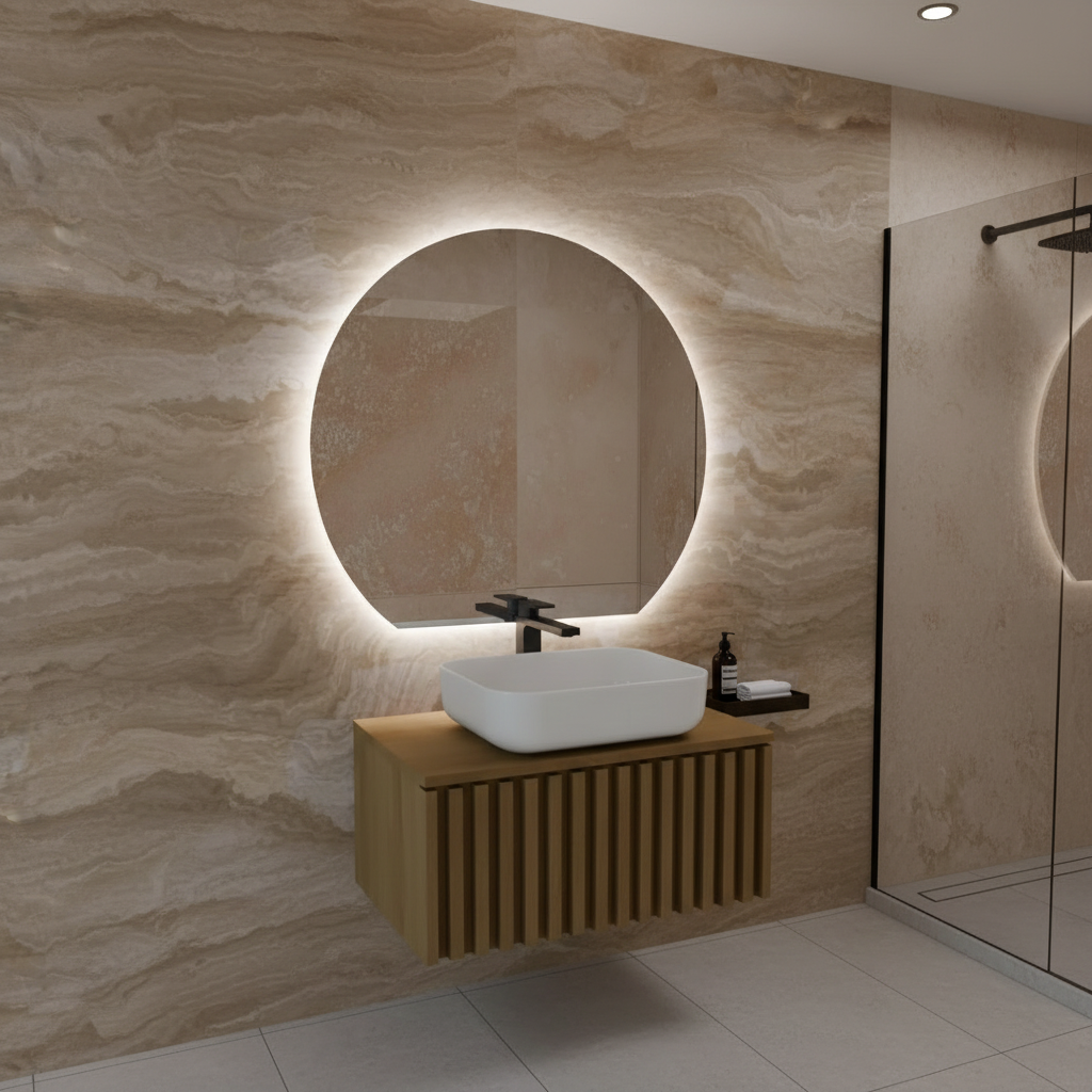 LED Işıklı Yuvarlak Banyo Aynası – Modern Arkadan Aydınlatmalı Ayna, Sıcak Işıklı Dekoratif Lavabo Aynası