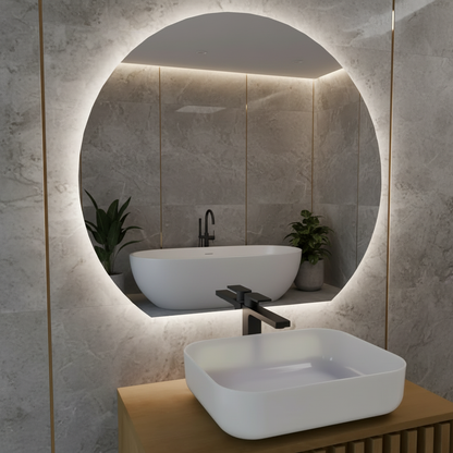 LED Işıklı Yuvarlak Banyo Aynası – Modern Arkadan Aydınlatmalı Ayna, Sıcak Işıklı Dekoratif Lavabo Aynası