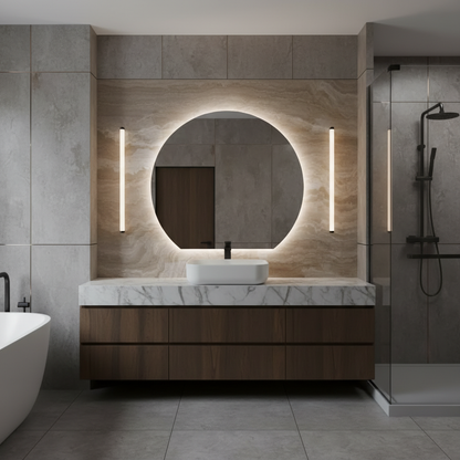 LED Işıklı Yuvarlak Banyo Aynası – Modern Arkadan Aydınlatmalı Ayna, Sıcak Işıklı Dekoratif Lavabo Aynası