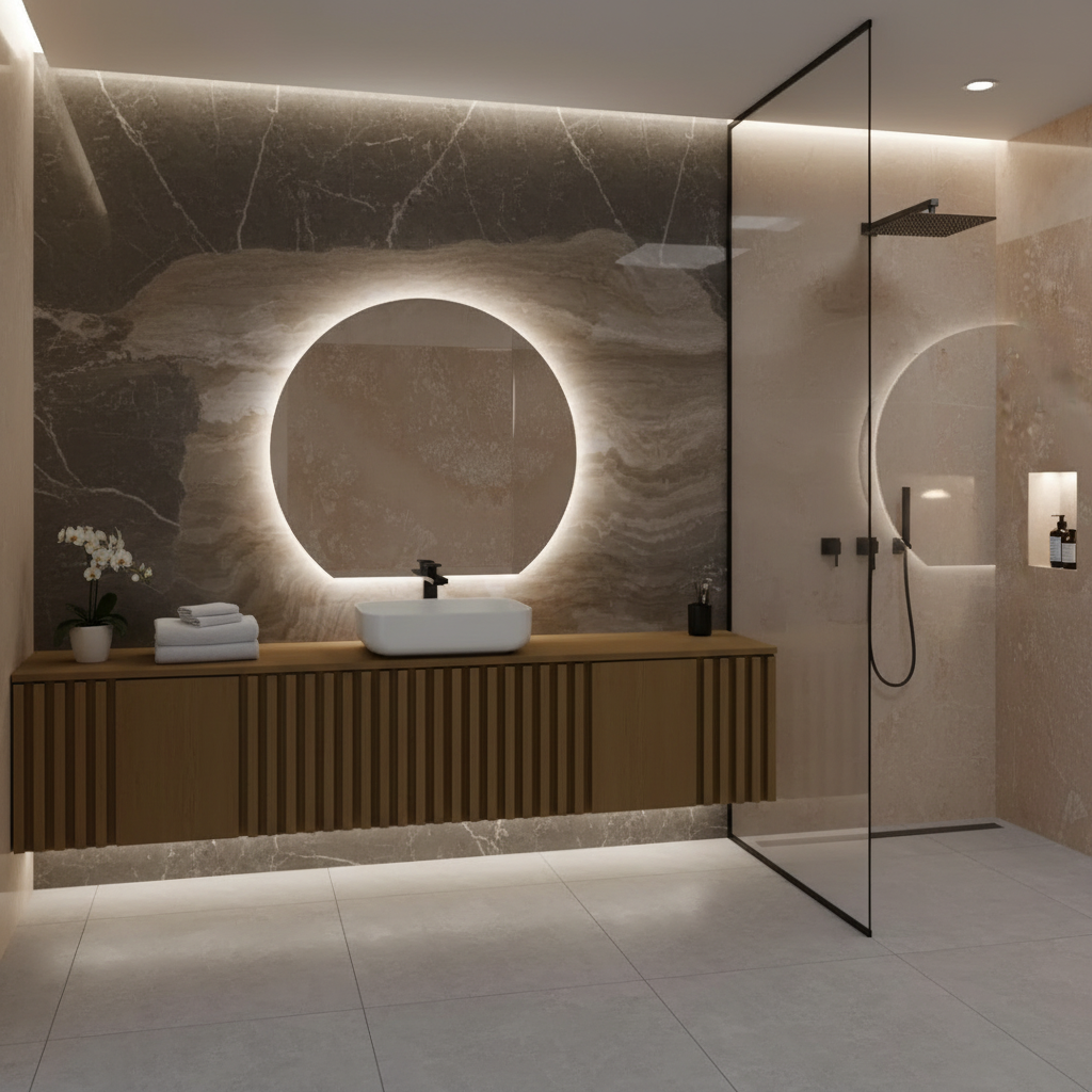 LED Işıklı Yuvarlak Banyo Aynası – Modern Arkadan Aydınlatmalı Ayna, Sıcak Işıklı Dekoratif Lavabo Aynası