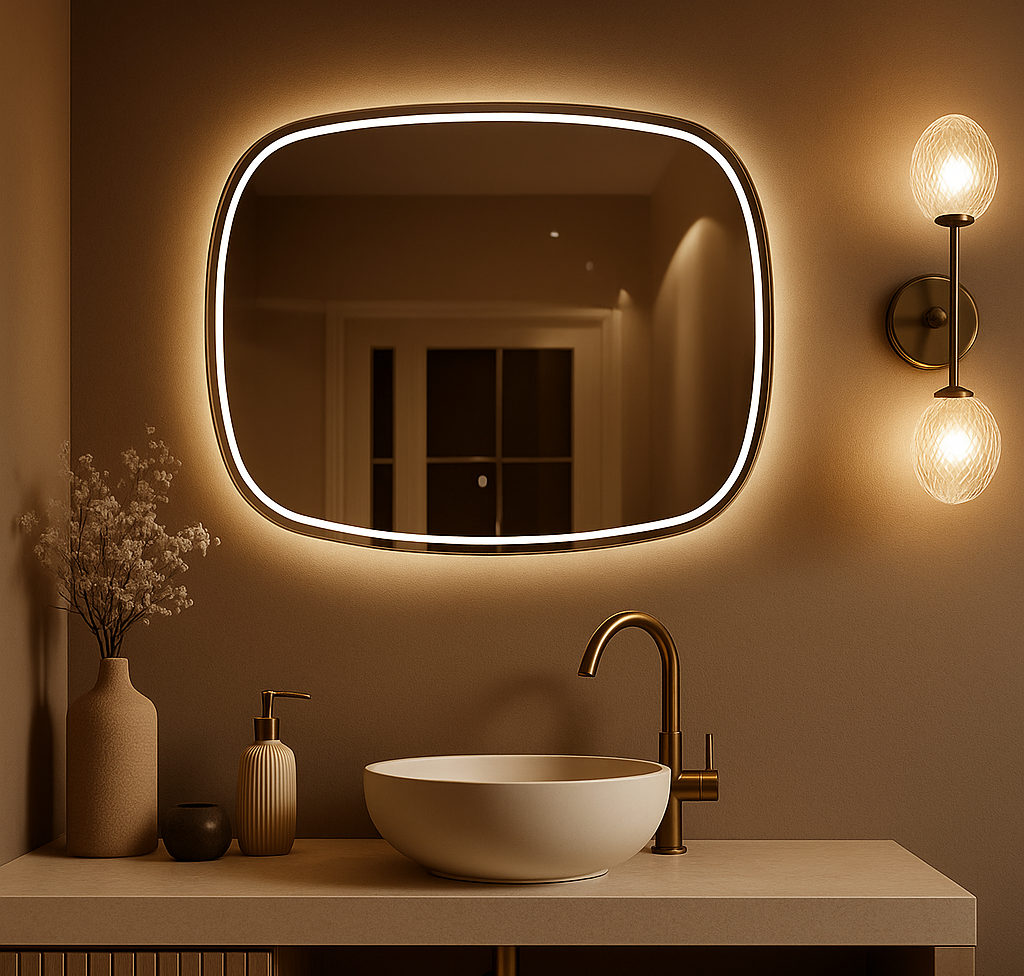 Modern LED Aydınlatmalı Organik Duvar Aynası – Asimetrik Tasarım Banyo ve Salon Dekor Aynası