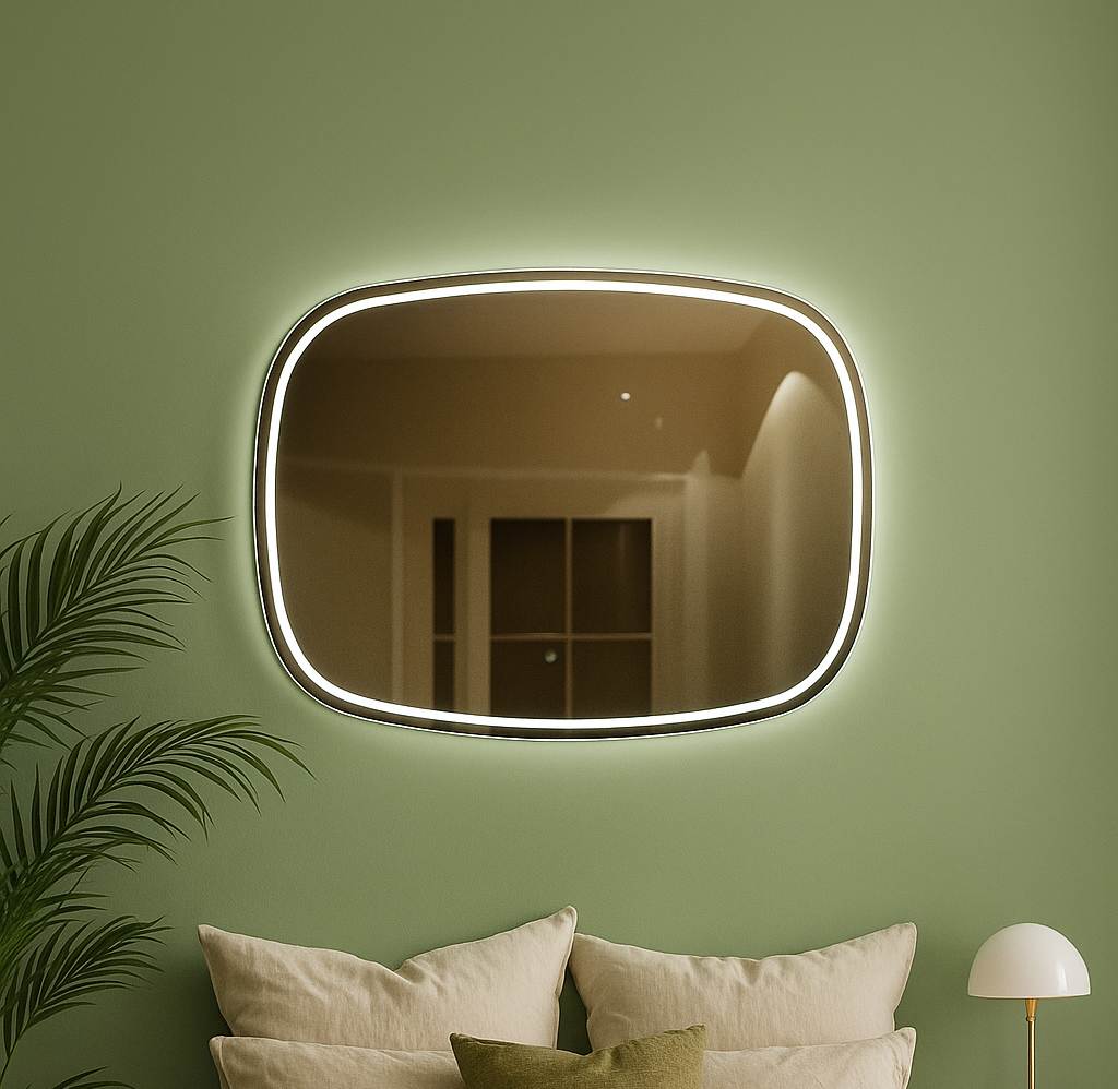 Modern LED Aydınlatmalı Organik Duvar Aynası – Asimetrik Tasarım Banyo ve Salon Dekor Aynası