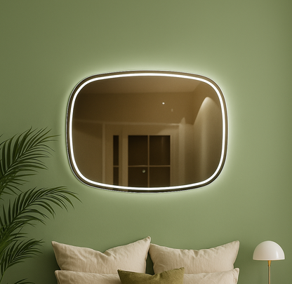 Modern LED Aydınlatmalı Organik Duvar Aynası – Asimetrik Tasarım Banyo ve Salon Dekor Aynası