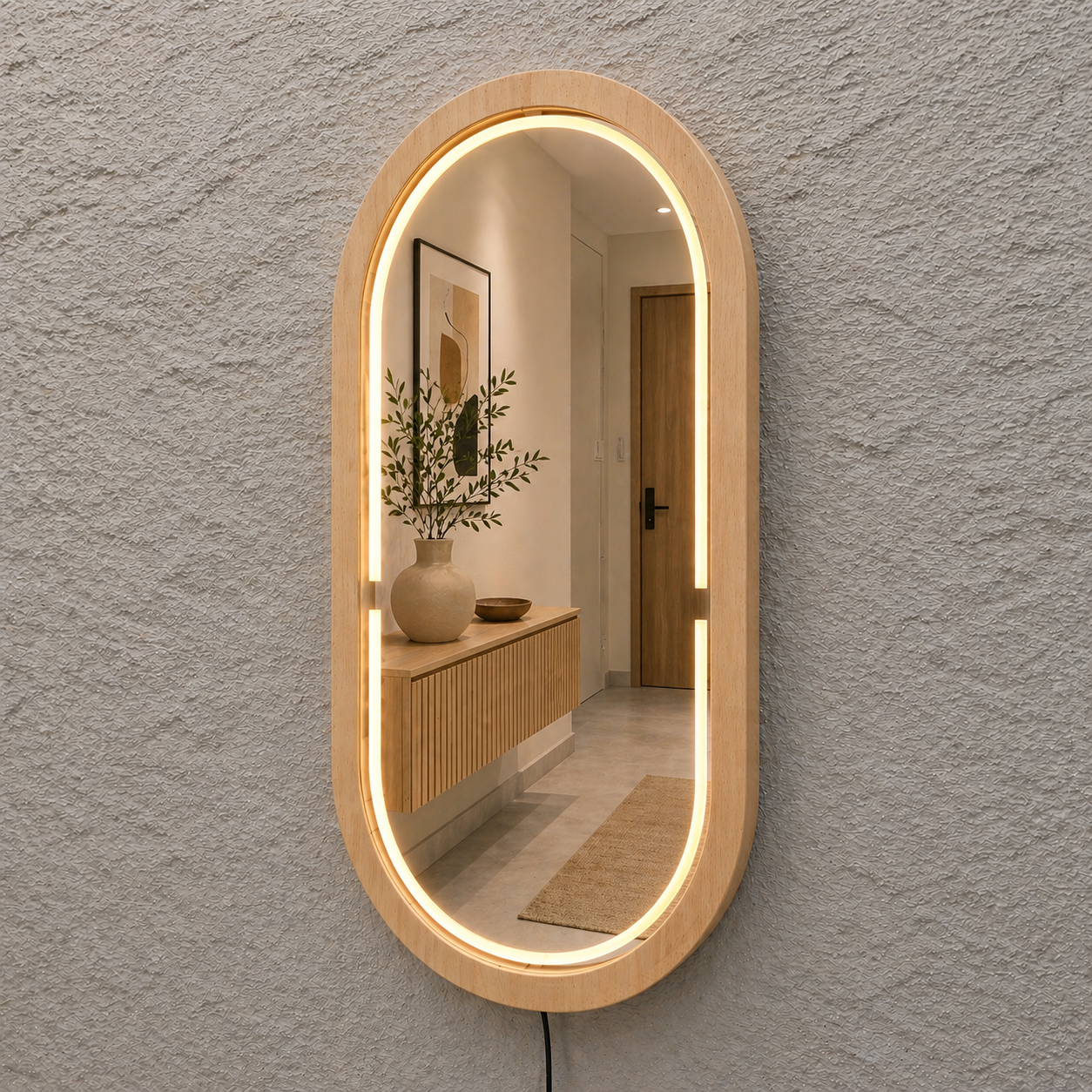 Kayın Ahşap Çerçeveli LED’li Oval Ayna – Dimmer Işıklı Dekoratif Duvar Aynası, Banyo Makyaj Salon Aynası