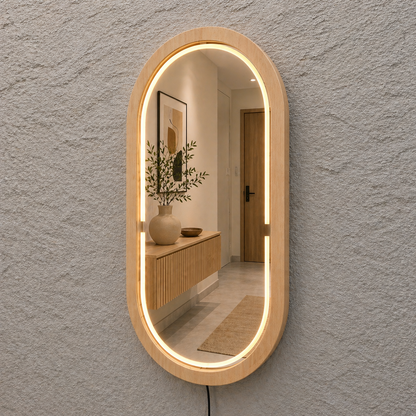 Kayın Ahşap Çerçeveli LED’li Oval Ayna – Dimmer Işıklı Dekoratif Duvar Aynası, Banyo Makyaj Salon Aynası
