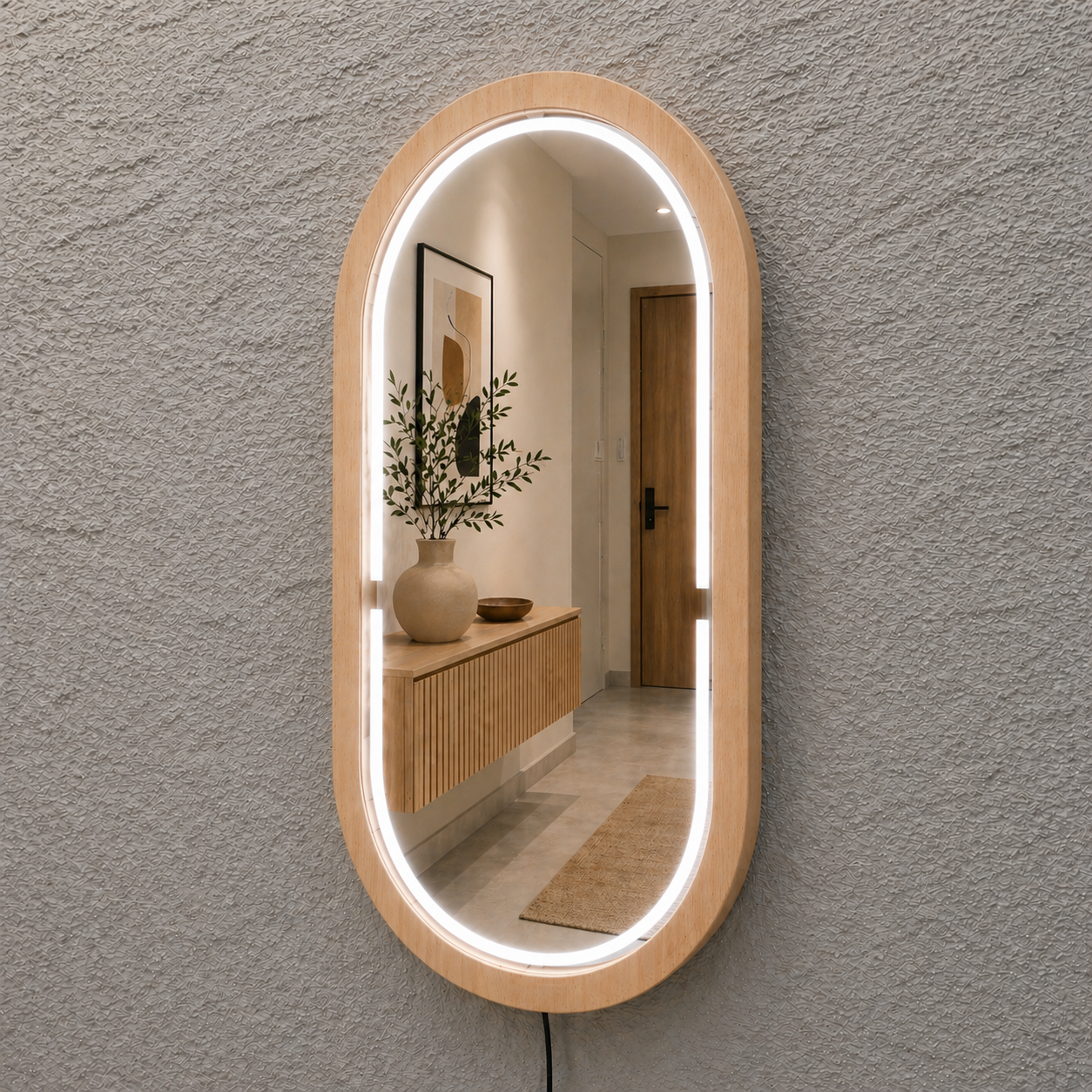 Kayın Ahşap Çerçeveli LED’li Oval Ayna – Dimmer Işıklı Dekoratif Duvar Aynası, Banyo Makyaj Salon Aynası