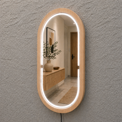 Kayın Ahşap Çerçeveli LED’li Oval Ayna – Dimmer Işıklı Dekoratif Duvar Aynası, Banyo Makyaj Salon Aynası