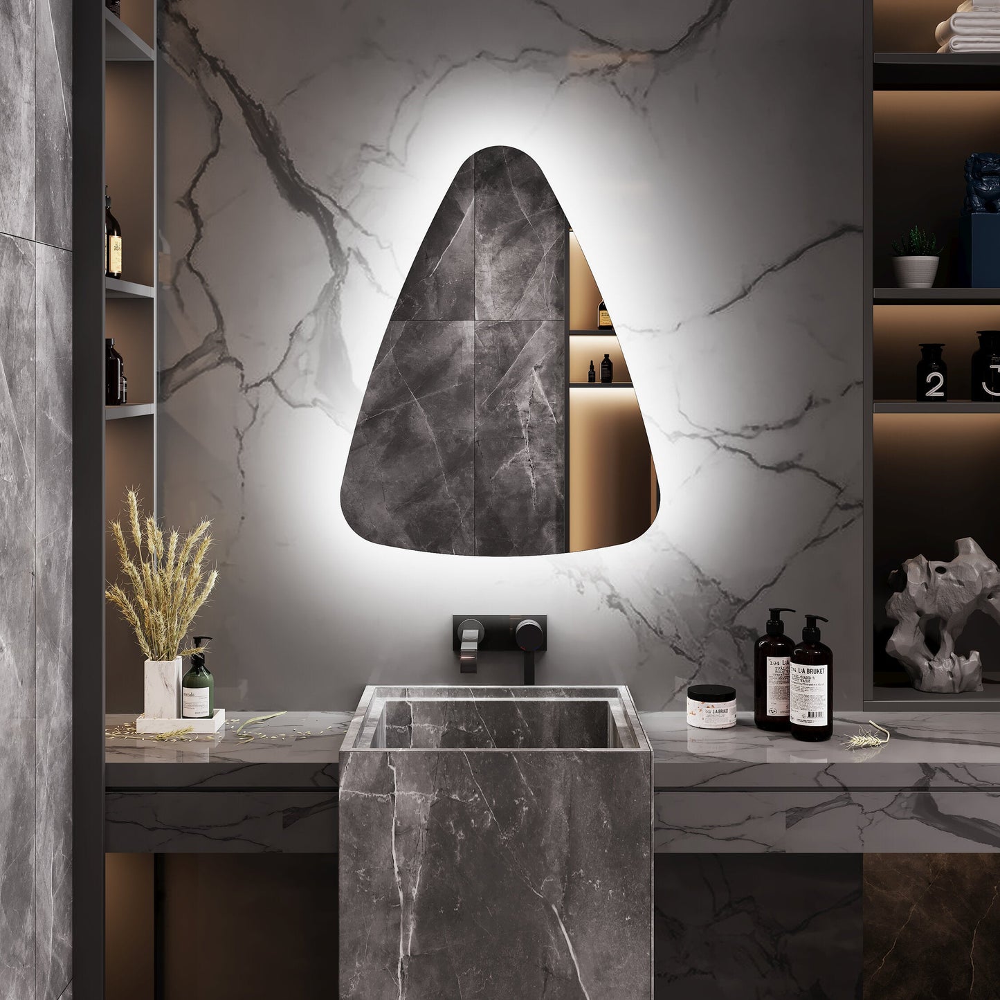 Modern Asimetrik LED Ayna – Mermer Banyo İçin Dekoratif Tasarım Duvar Aynası | Sıcak/Soğuk Işıklı Lüks Aydınlatmalı Ayna