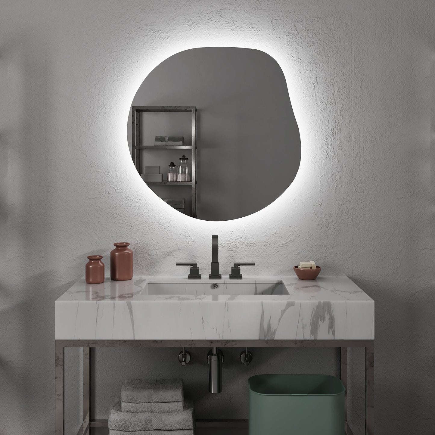 Modern LED Aydınlatmalı Asimetrik Ayna – Organik Form Dekoratif Duvar ve Banyo Aynası