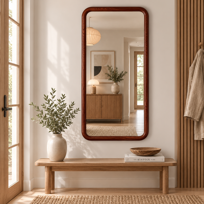 Yuvarlatılmış Köşeli Dikdörtgen Duvar Aynası, Ahşap Çerçeveli Ayna, Masif Kayın Ağacı Banyo Lavabo Aynası