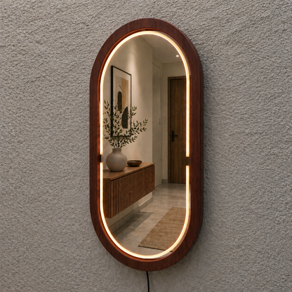 Kayın Ahşap Çerçeveli LED’li Oval Ayna – Dimmer Işıklı Dekoratif Duvar Aynası, Banyo Makyaj Salon Aynası