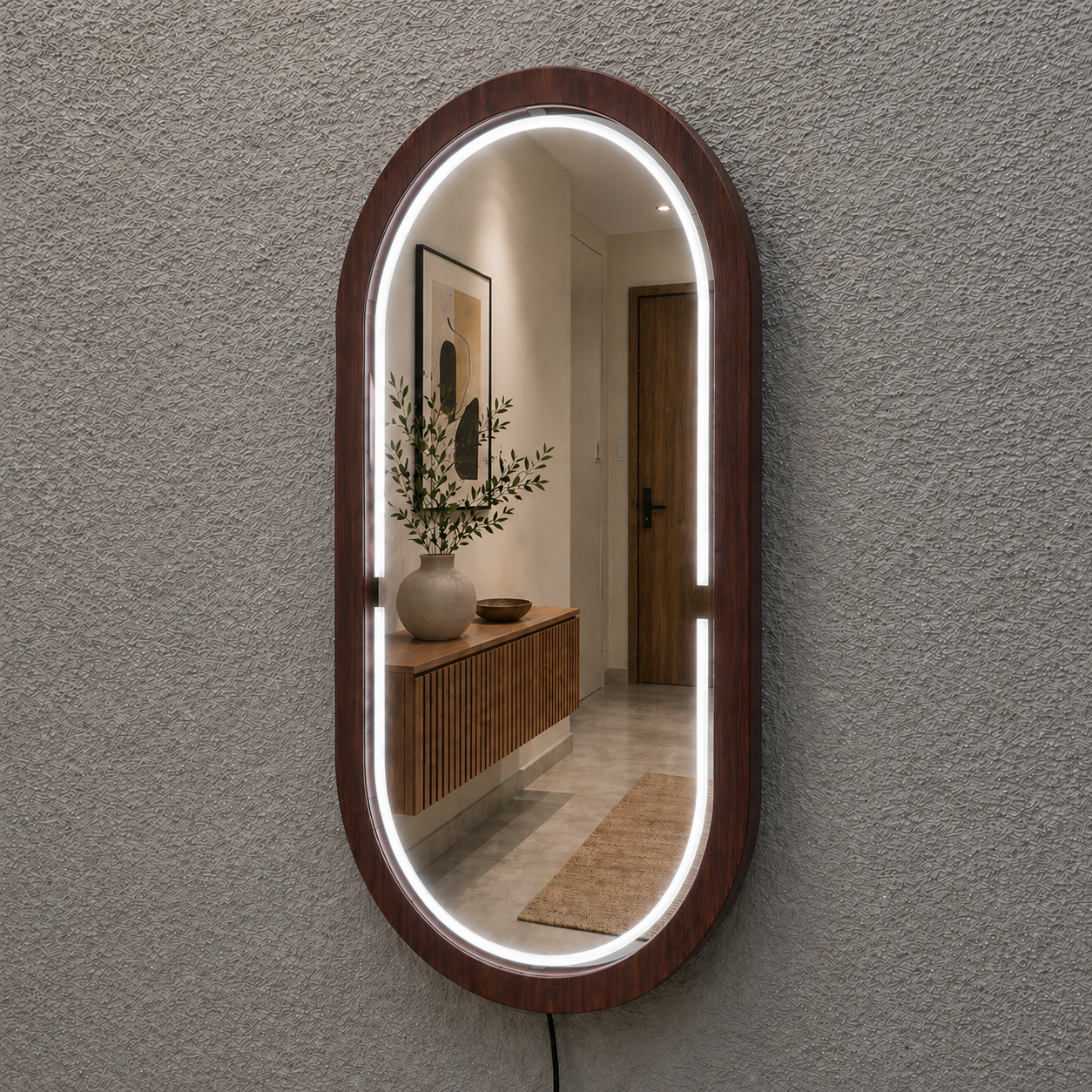 Kayın Ahşap Çerçeveli LED’li Oval Ayna – Dimmer Işıklı Dekoratif Duvar Aynası, Banyo Makyaj Salon Aynası