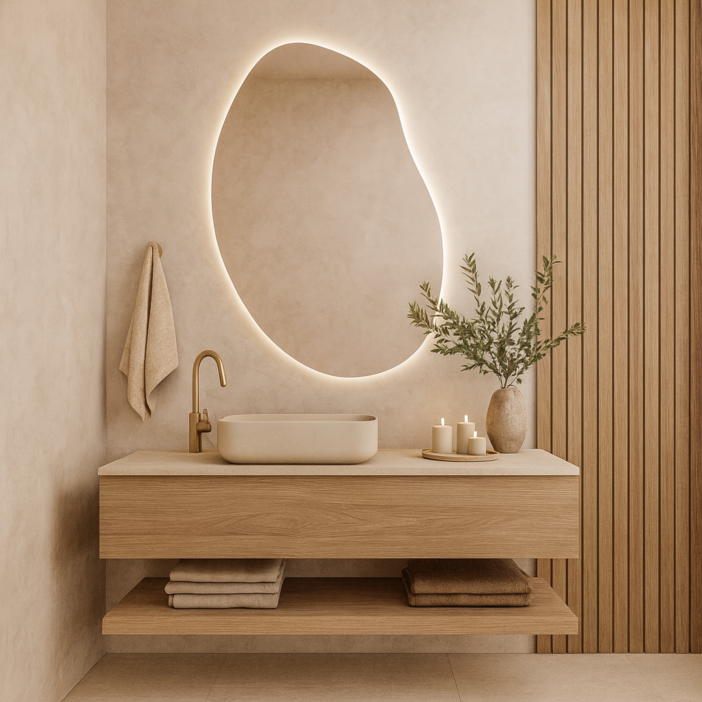 LED Işıklı Organik Banyo Aynası – Modern Asimetrik Tasarım, Arkadan Aydınlatmalı Dekoratif Ayna
