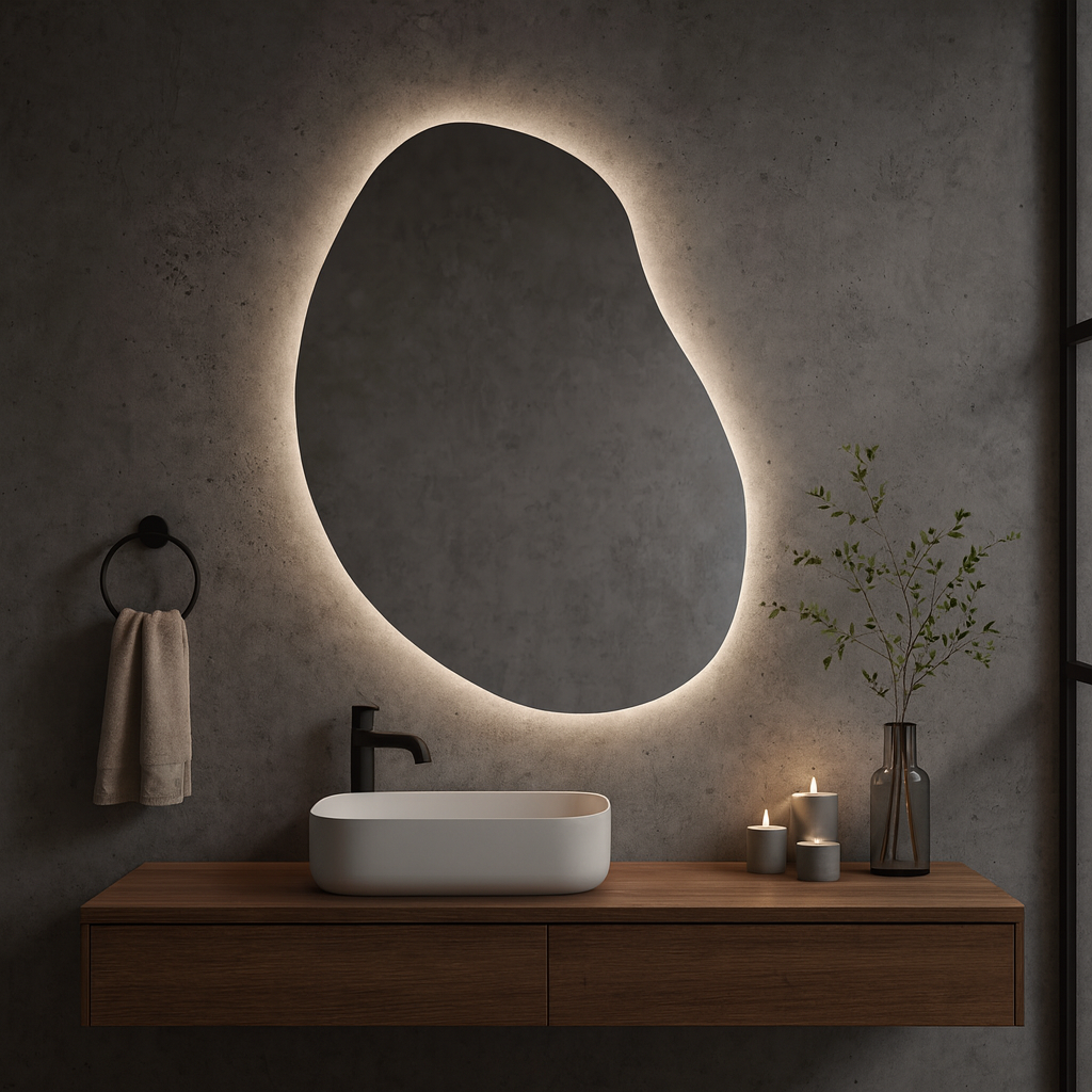 LED Işıklı Organik Banyo Aynası – Modern Asimetrik Tasarım, Arkadan Aydınlatmalı Dekoratif Ayna