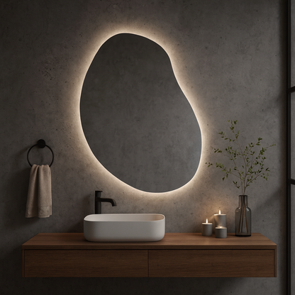 LED Işıklı Organik Banyo Aynası – Modern Asimetrik Tasarım, Arkadan Aydınlatmalı Dekoratif Ayna