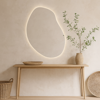LED Işıklı Organik Banyo Aynası – Modern Asimetrik Tasarım, Arkadan Aydınlatmalı Dekoratif Ayna