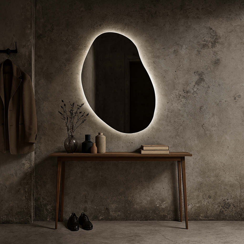 LED Işıklı Organik Banyo Aynası – Modern Asimetrik Tasarım, Arkadan Aydınlatmalı Dekoratif Ayna