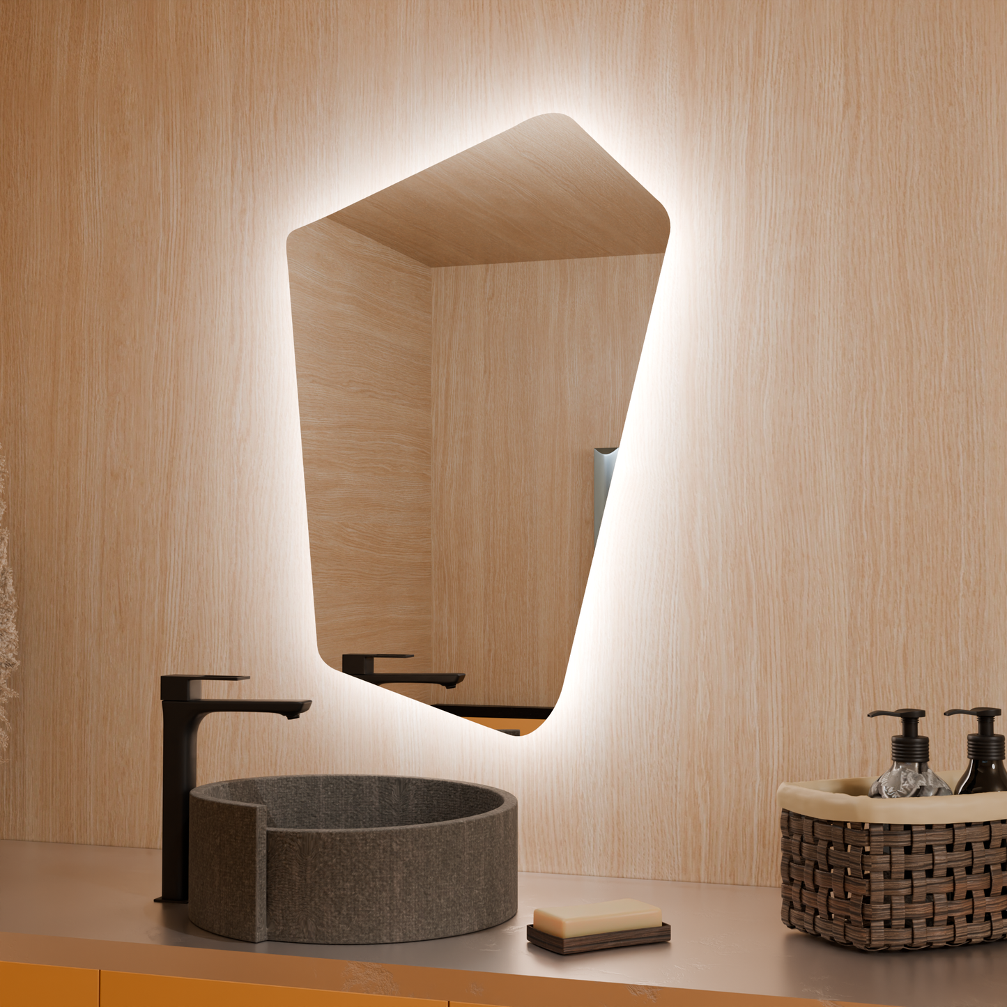Asimetrik LED Işıklı Ayna – Minimal ve Şık Düzensiz Form Banyo Duvar Aynası