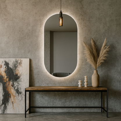 Oval LED Aydınlatmalı Ayna – Modern Dekoratif Banyo Aynası, Arkadan Işıklı Tasarım