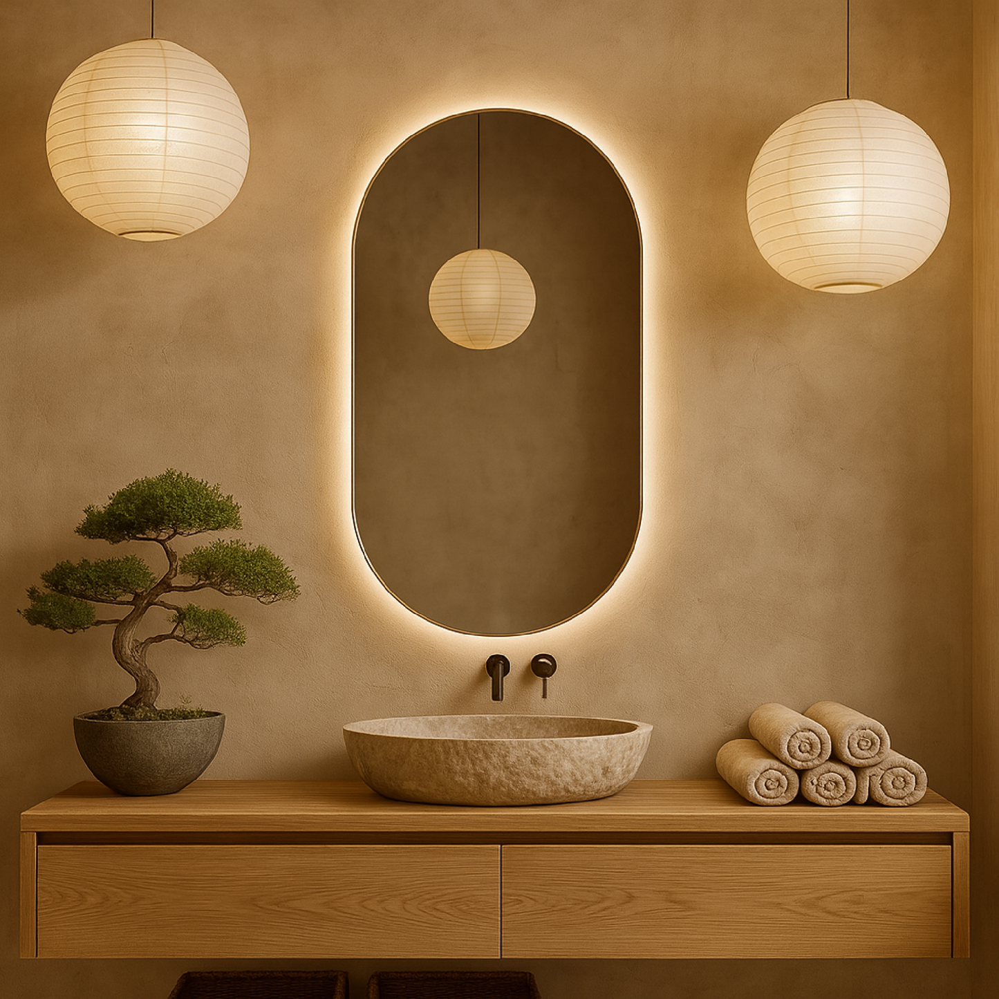 Oval LED Aydınlatmalı Ayna – Modern Dekoratif Banyo Aynası, Arkadan Işıklı Tasarım