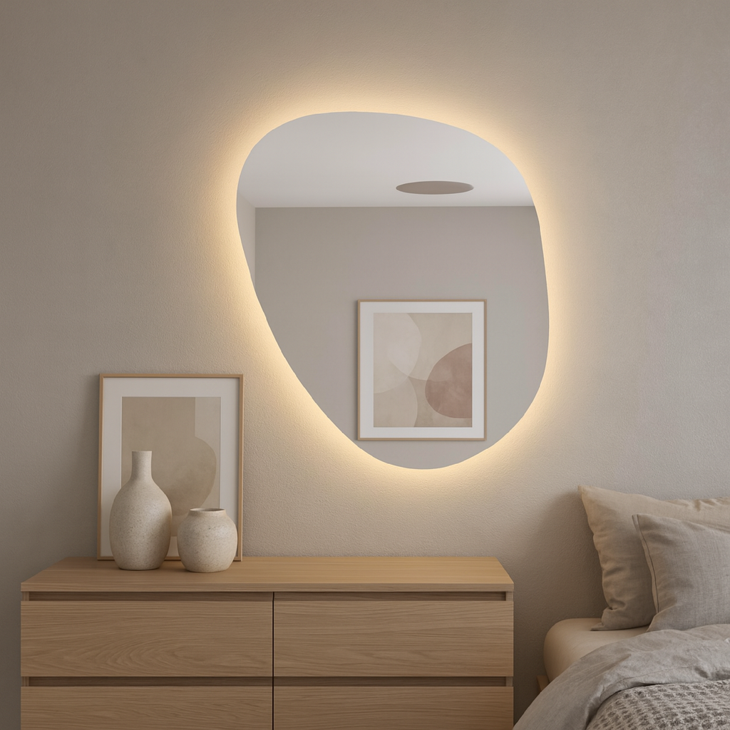 LED Wall Mirror – Irregular Organic Shape Lighted Mirror, Modern Boho Wall Decor with Backlit Glow