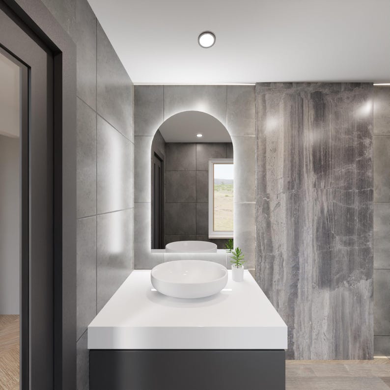 Modern LED Işıklı Kemer Banyo Aynası – Arkadan Aydınlatmalı Arch Ayna, Minimalist ve Şık Banyo Dekoru