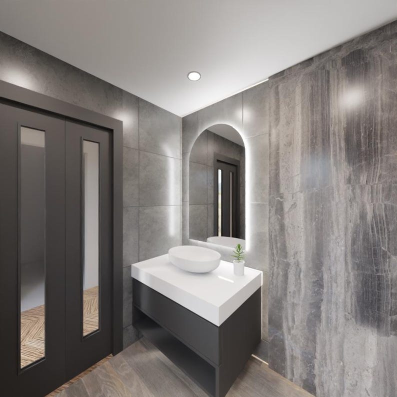 Modern LED Işıklı Kemer Banyo Aynası – Arkadan Aydınlatmalı Arch Ayna, Minimalist ve Şık Banyo Dekoru