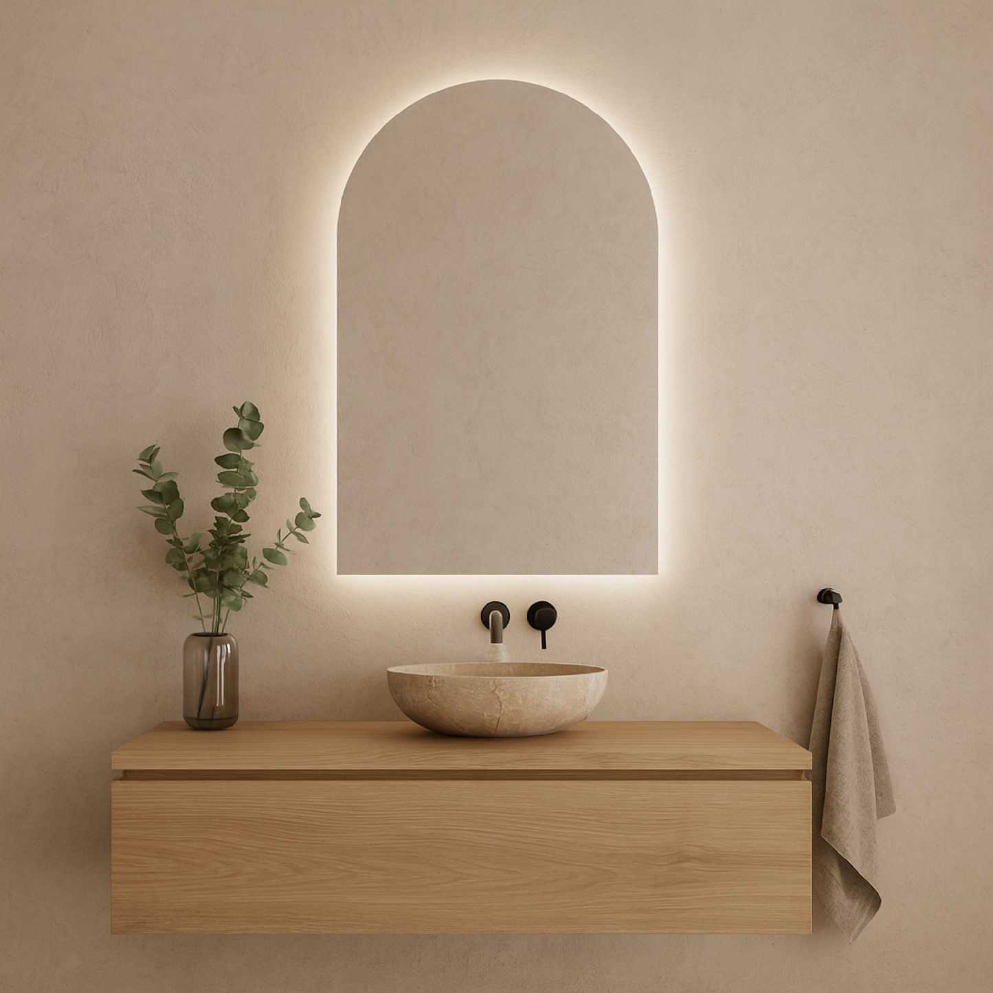 Modern LED Işıklı Kemer Banyo Aynası – Arkadan Aydınlatmalı Arch Ayna, Minimalist ve Şık Banyo Dekoru