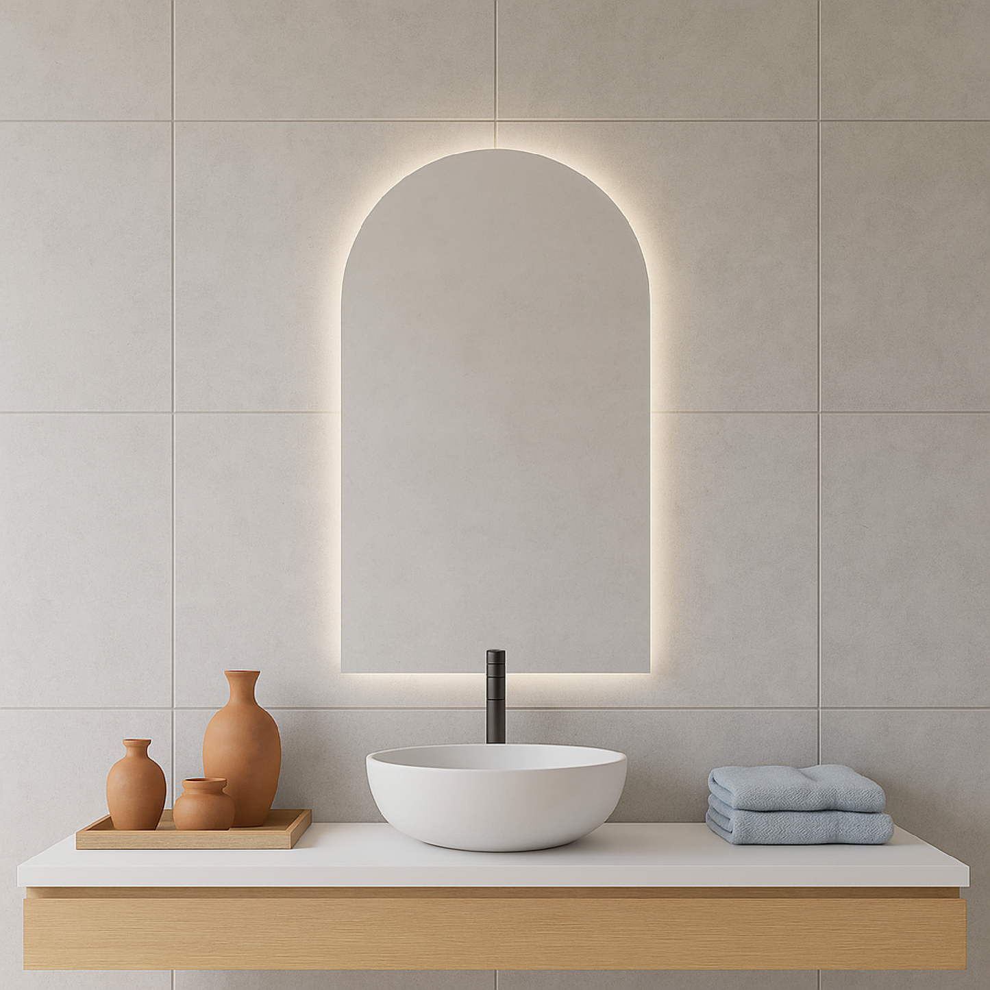 Modern LED Işıklı Kemer Banyo Aynası – Arkadan Aydınlatmalı Arch Ayna, Minimalist ve Şık Banyo Dekoru