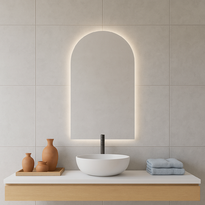 Modern LED Işıklı Kemer Banyo Aynası – Arkadan Aydınlatmalı Arch Ayna, Minimalist ve Şık Banyo Dekoru