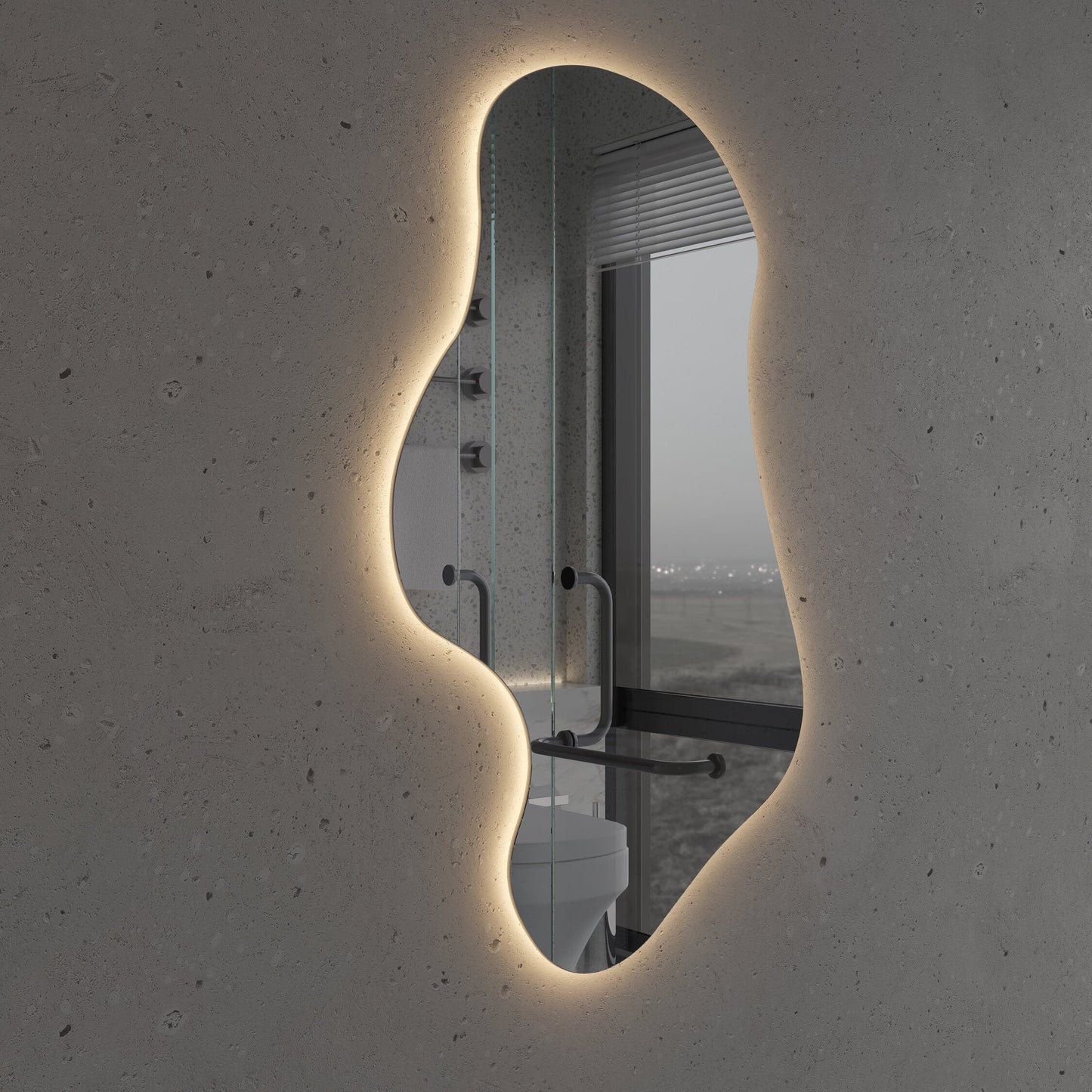 Asimetrik LED Ayna | Modern Organik Şekilli Işıklı Duvar ve Banyo Aynası – Dekoratif Tasarım