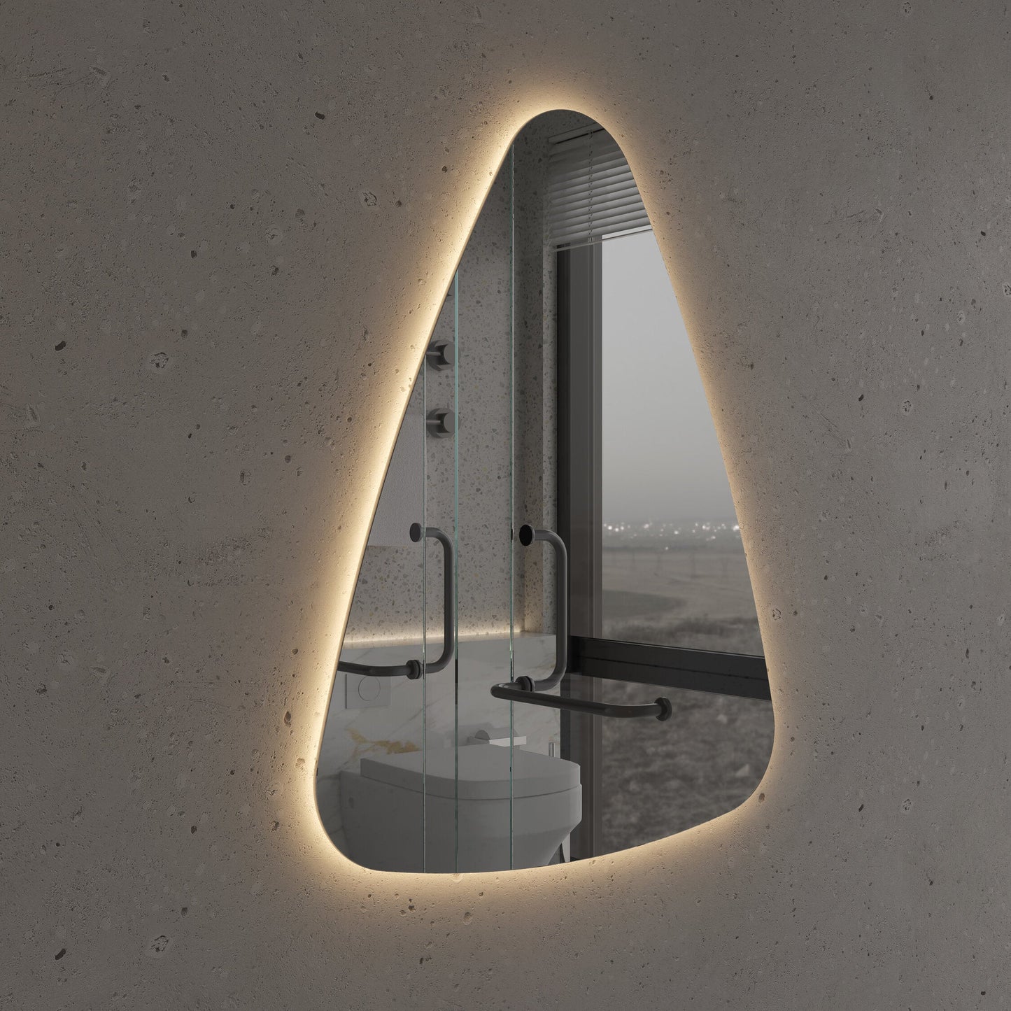 Modern Asimetrik LED Ayna – Mermer Banyo İçin Dekoratif Tasarım Duvar Aynası | Sıcak/Soğuk Işıklı Lüks Aydınlatmalı Ayna