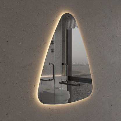 Modern Asimetrik LED Ayna – Mermer Banyo İçin Dekoratif Tasarım Duvar Aynası | Sıcak/Soğuk Işıklı Lüks Aydınlatmalı Ayna