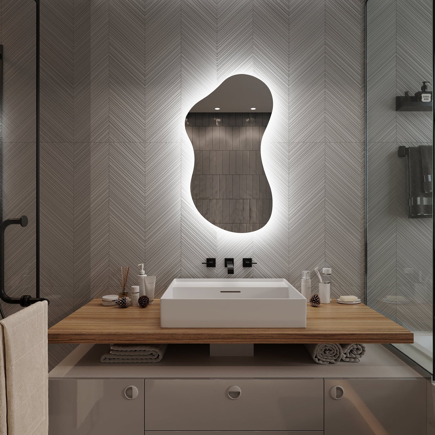Asimetrik LED Ayna | Modern Dekoratif Duvar ve Banyo Aynası | Organik Form Işıklı Ayna Tasarımı
