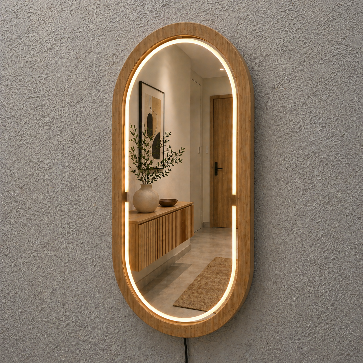 Kayın Ahşap Çerçeveli LED’li Oval Ayna – Dimmer Işıklı Dekoratif Duvar Aynası, Banyo Makyaj Salon Aynası