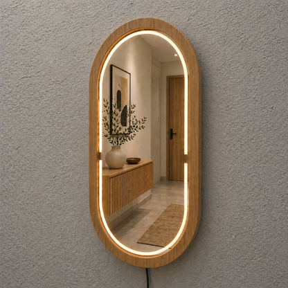 Kayın Ahşap Çerçeveli LED’li Oval Ayna – Dimmer Işıklı Dekoratif Duvar Aynası, Banyo Makyaj Salon Aynası