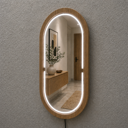Kayın Ahşap Çerçeveli LED’li Oval Ayna – Dimmer Işıklı Dekoratif Duvar Aynası, Banyo Makyaj Salon Aynası