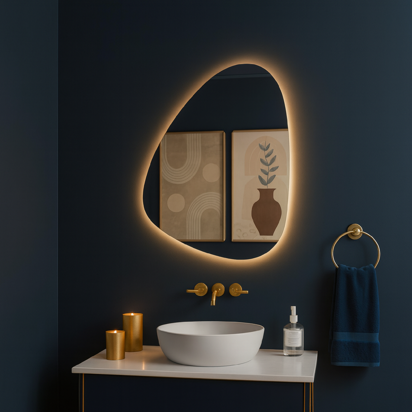 Modern LED Organik Banyo Aynası – Asimetrik Aydınlatmalı Dekoratif Duvar Aynası, Sıcak Işıklı Tasarım