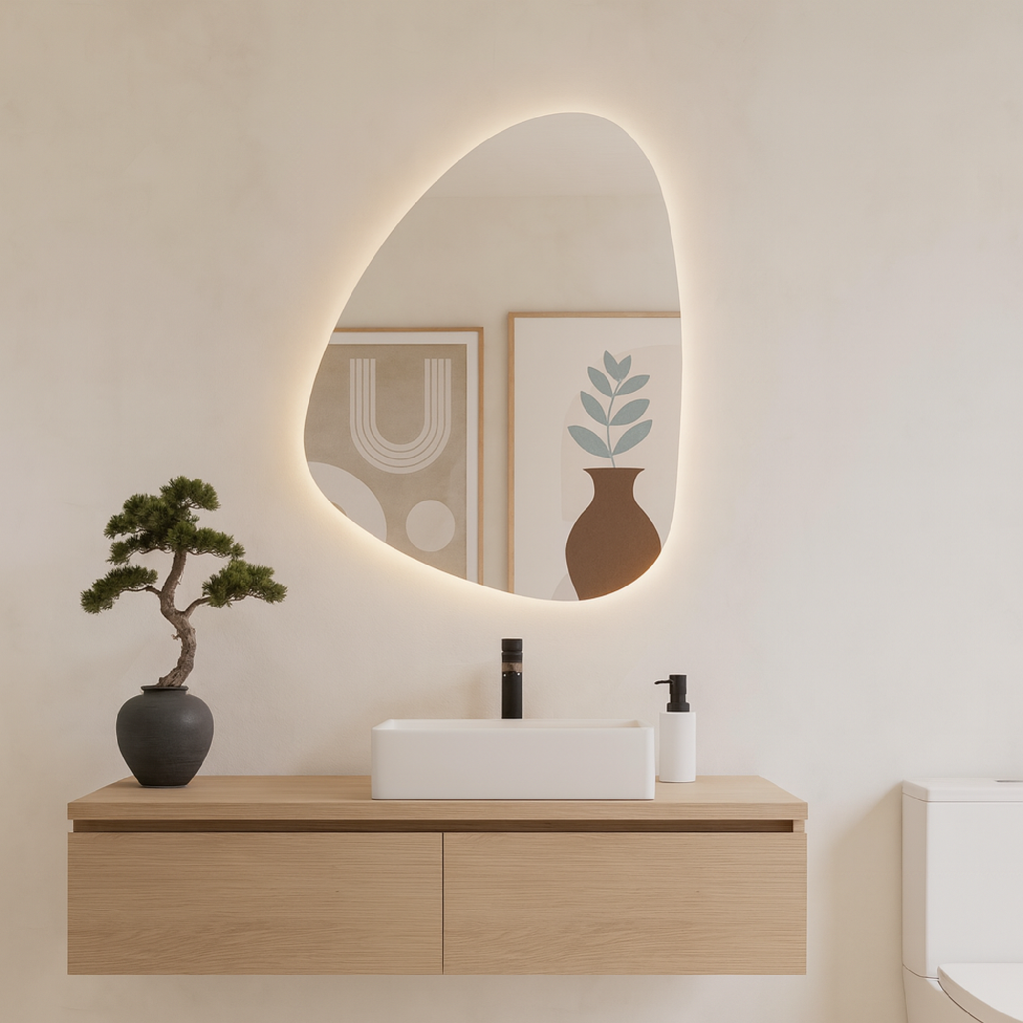 Modern LED Organik Banyo Aynası – Asimetrik Aydınlatmalı Dekoratif Duvar Aynası, Sıcak Işıklı Tasarım
